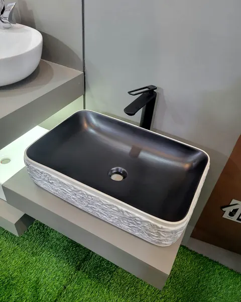 Vessel basin, matte charcoal with textured apron