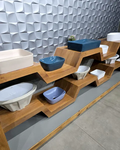Vessel basin range, white and blue glaze