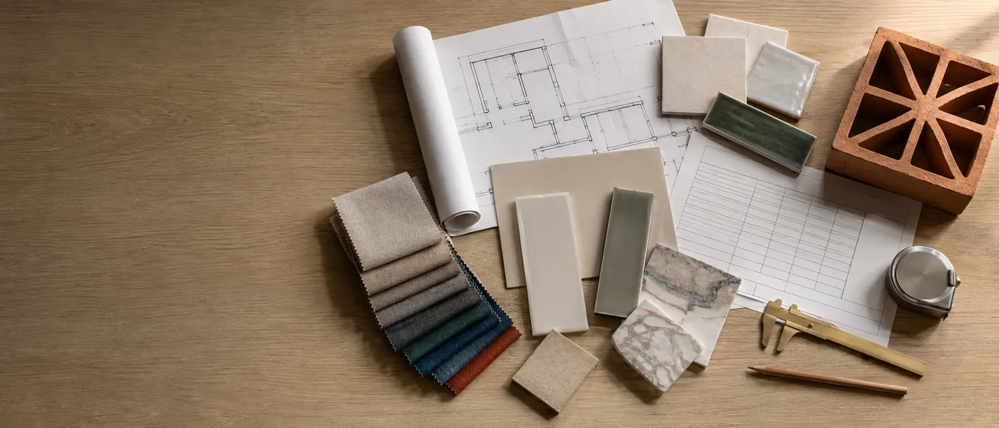 Specification table with architectural drawing, finish schedule, tile samples, stone offcuts, fabric swatches and a terracotta screen block