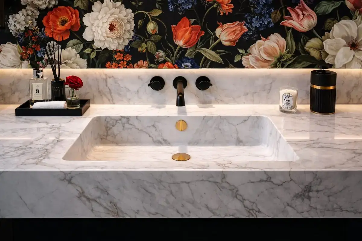 Luxury marble sink with floral wallpaper, boutique bathroom installation