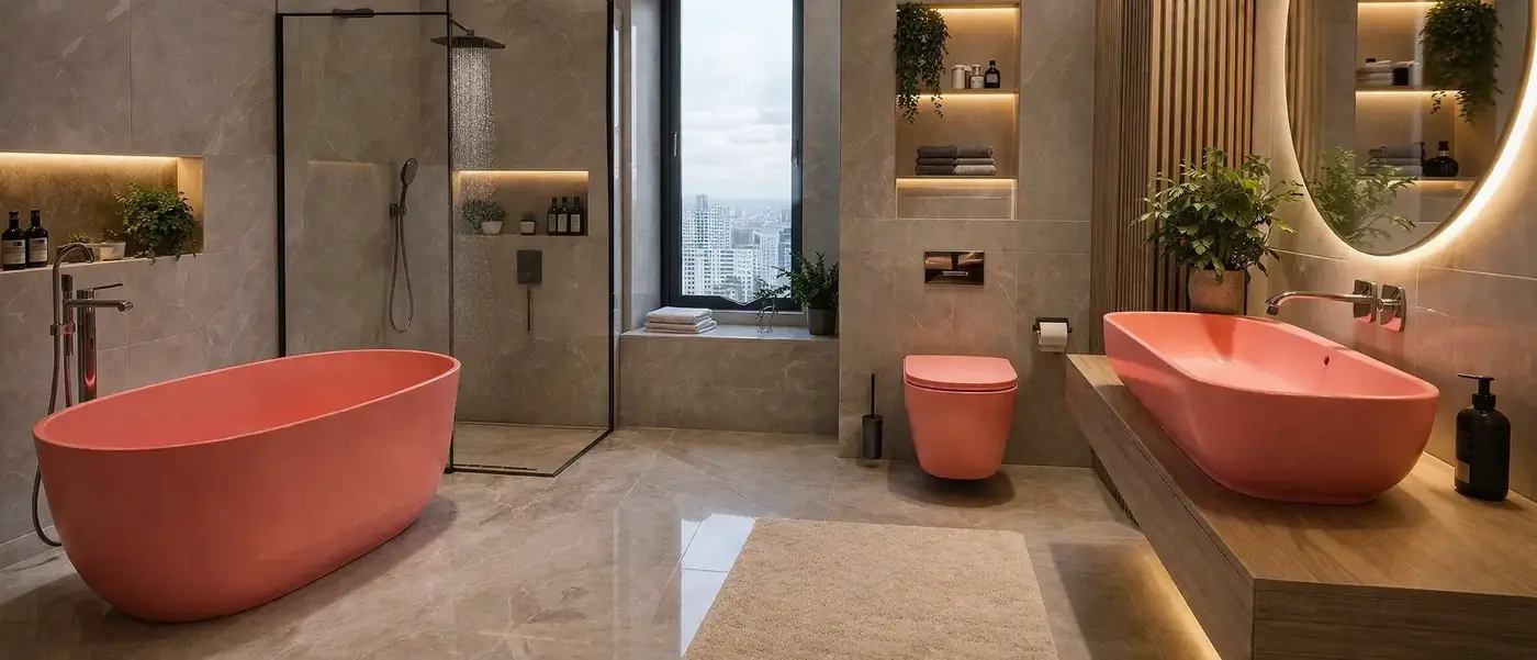 Luxury coral bathroom suite featuring Seven Jewels ceramics and tile