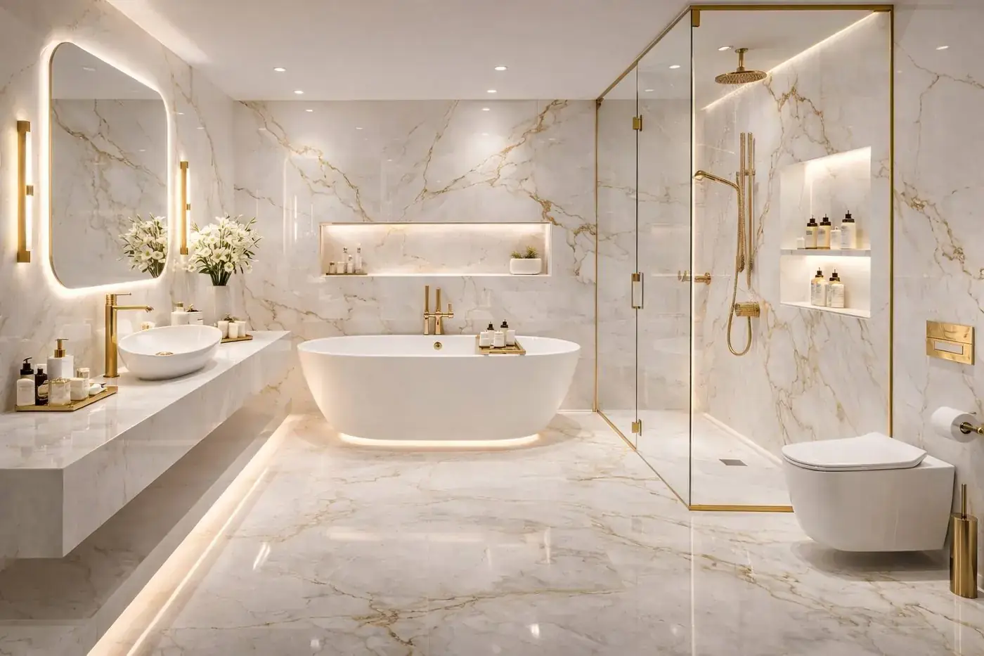 Luxury white marble bathroom, ceramics and tile