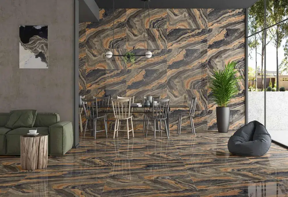 Custom cut stone slabs, dramatic black gold marble installation