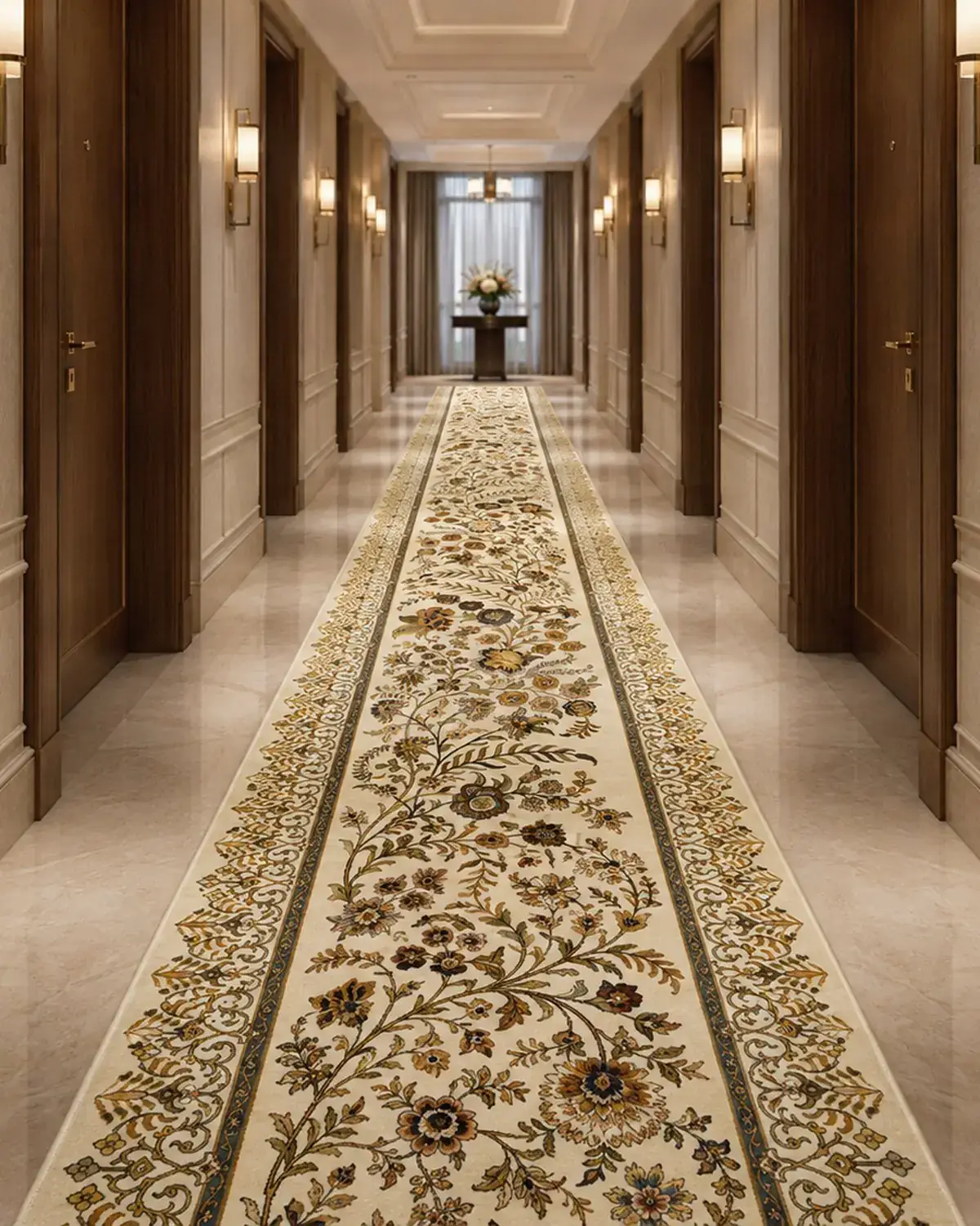 Hand-woven floral runner in a grand hotel corridor