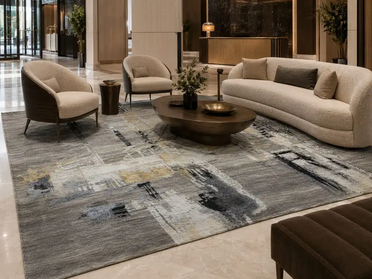 Luxury hotel lobby featuring a premium hand-finished area rug