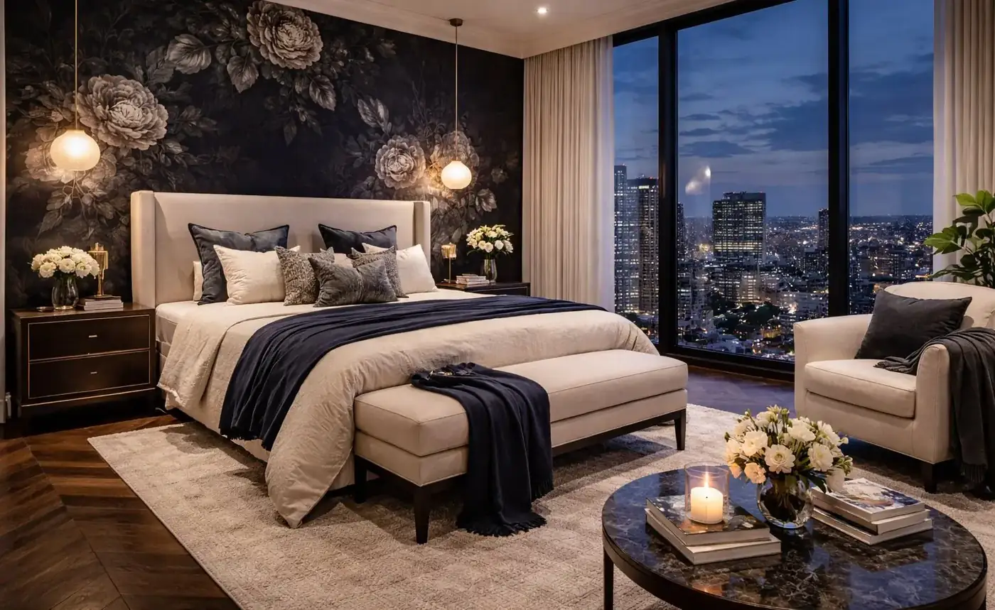 Luxury hotel suite, premium textiles and wall coverings