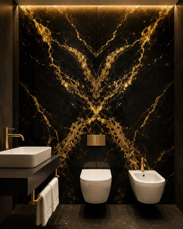Book-matched black and gold porcelain with brass fittings in a hotel bathroom