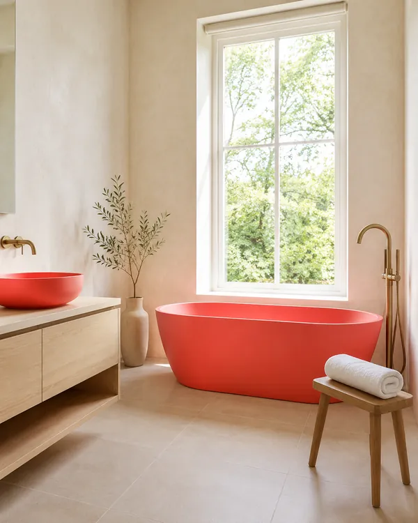 Custom color freestanding bath and matching basin in a private residence