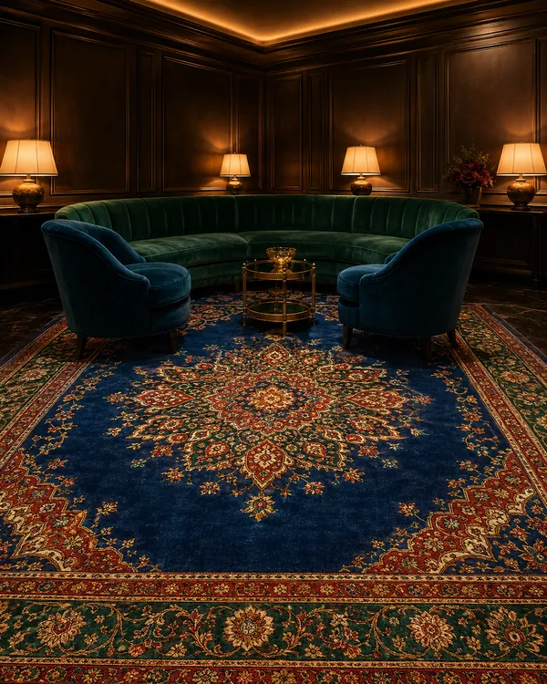 Hand-knotted medallion rug in a hotel lounge