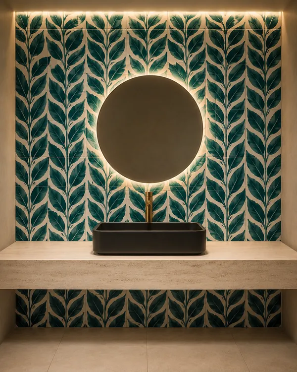 Decorative ceramic wall tile in a hotel powder room