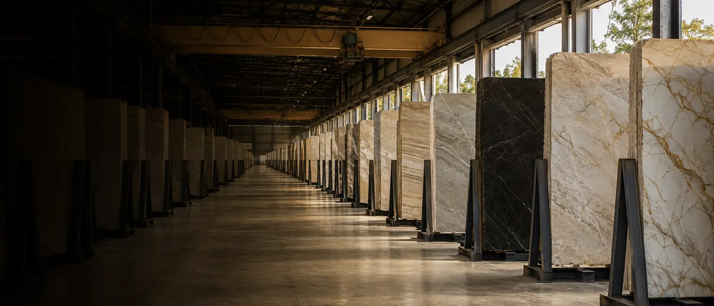 Stone slab yard with full-size marble and quartzite slabs on steel racks