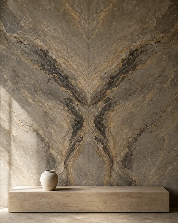 Book-matched pair of large-format stone slabs as a feature wall