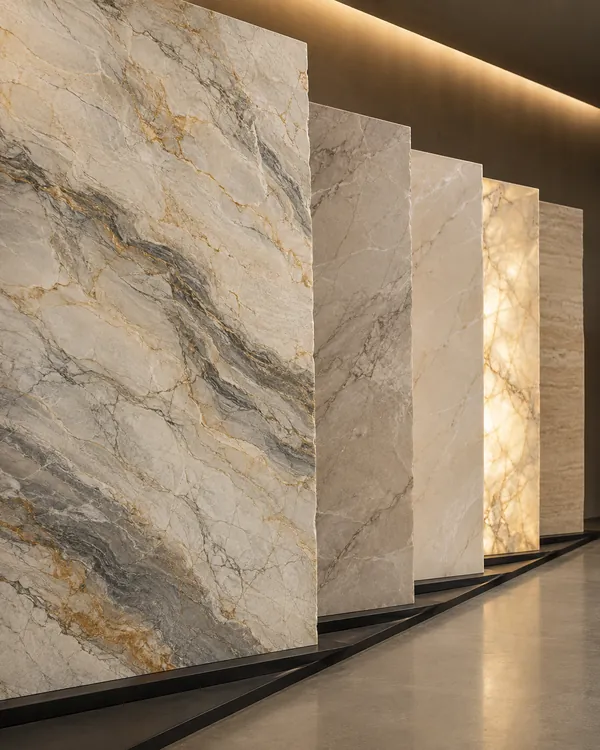 Row of large-format stone slabs in a showroom, one lit from behind