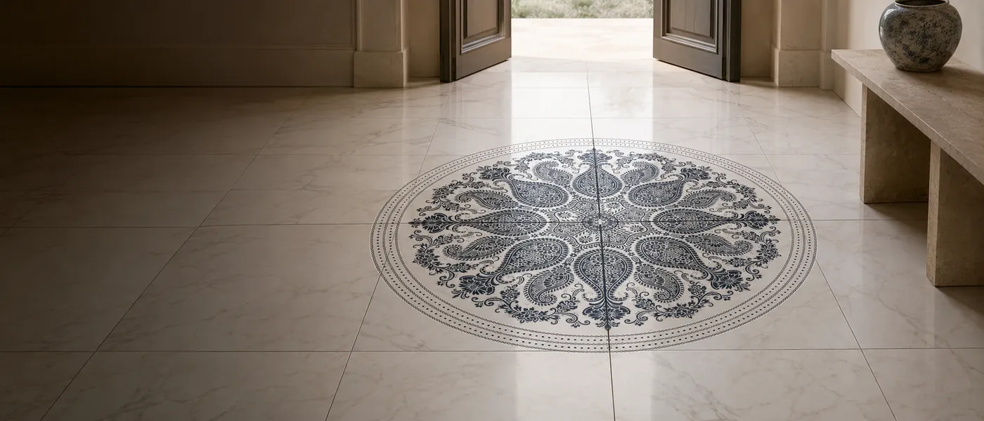 Decorative paisley medallion floor inset in a marble-look porcelain entrance hall