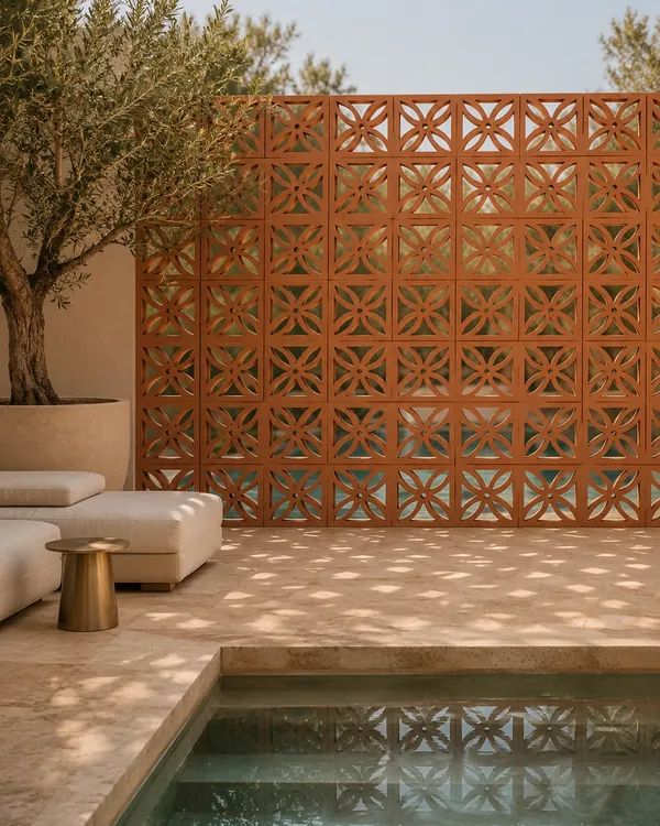 Terracotta Rosette screen wall dividing a hotel pool terrace
