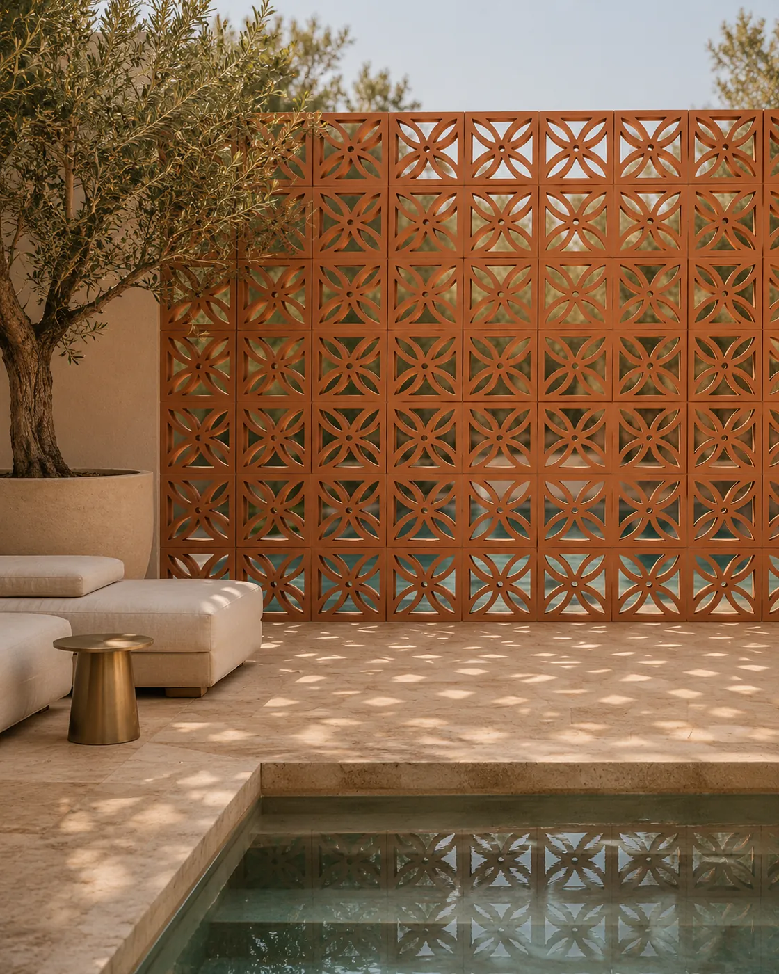 Terracotta Rosette screen wall dividing a hotel pool terrace