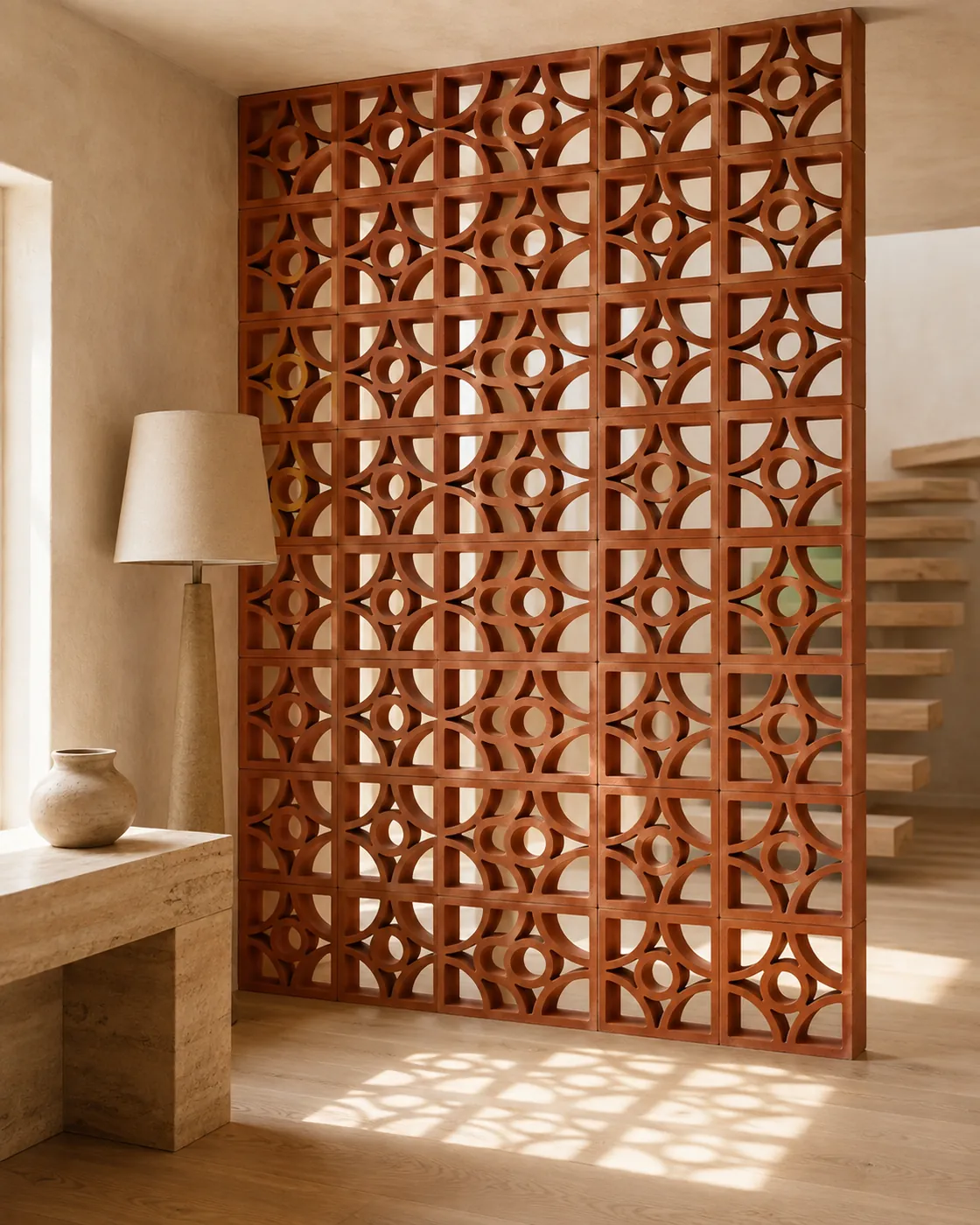 Terracotta screen partition in a private residence entry hall