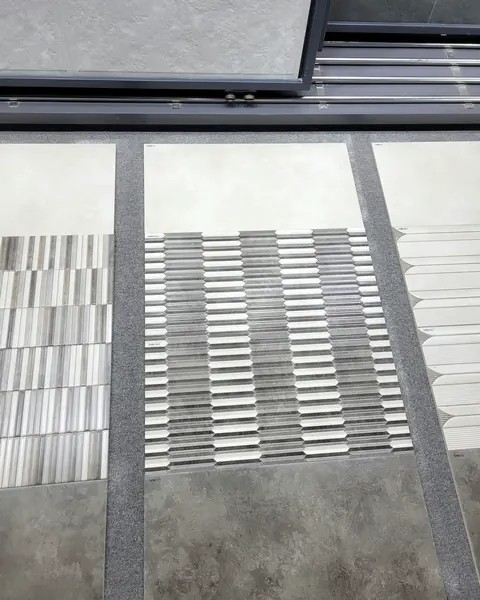 Linear mosaic strip, white and grey, floor inset