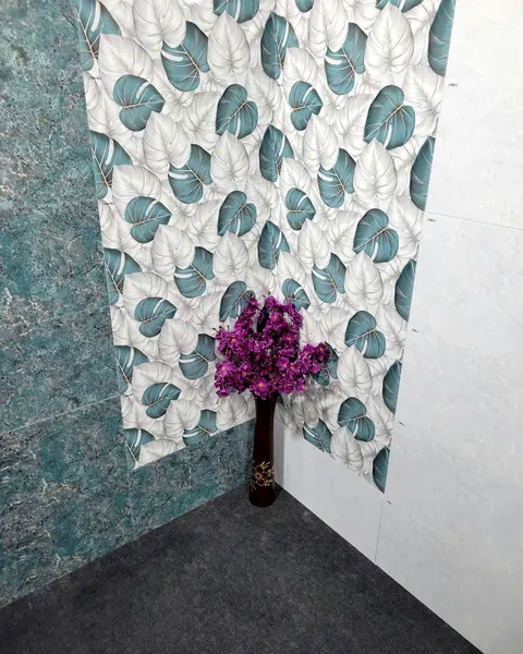 Botanical print wall tile, teal on white